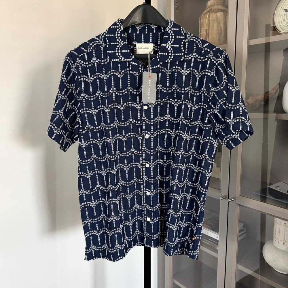 Far Afield Stachio Navy White Pin Dot Palm Tree Camp Shirt 4 NEW Huckberry SS